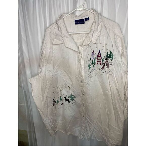 Vintage Christmas scene white button down shirt, 4X - Picture 1 of 3